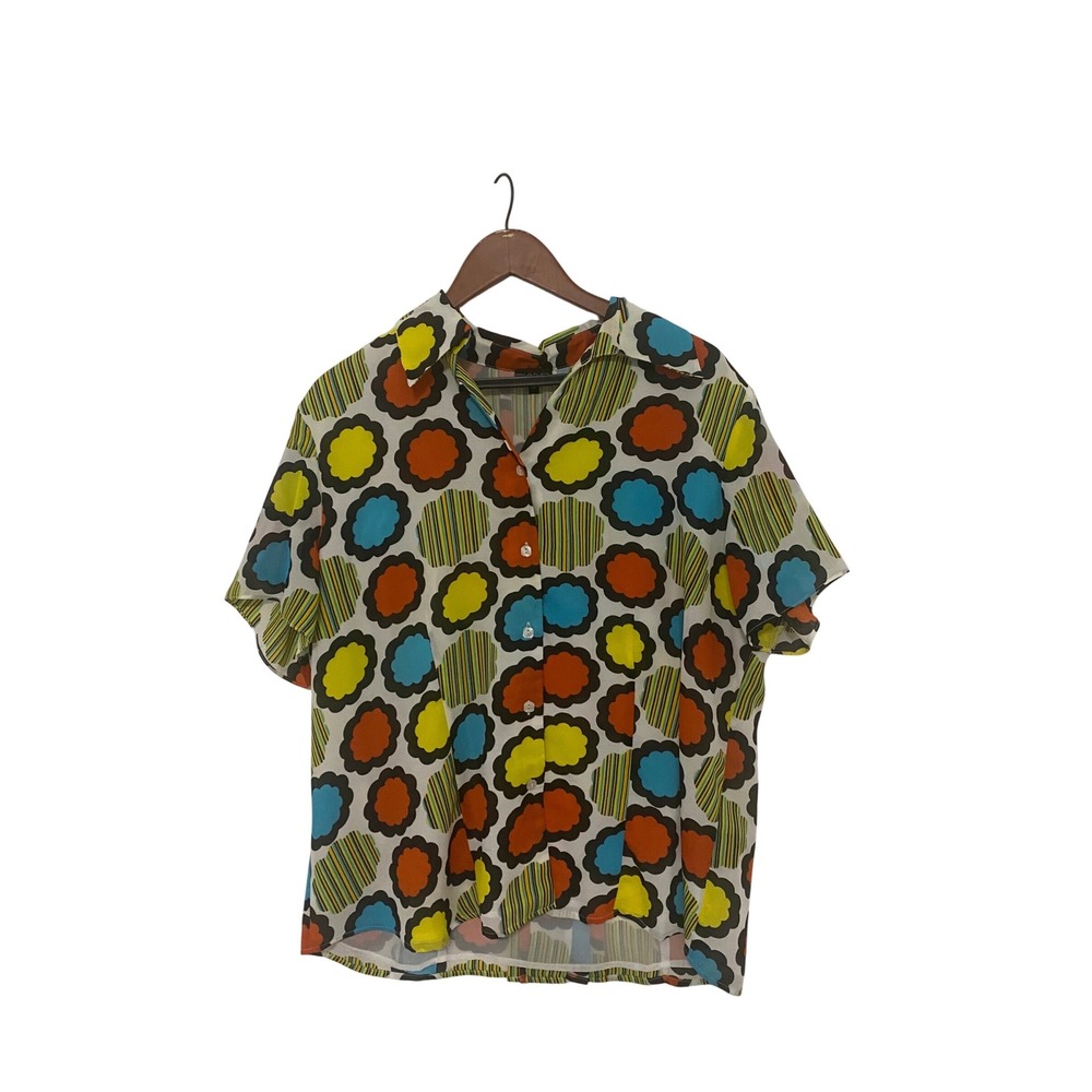 Piano Womens 1X Multicolor Geometric Cloud Stripe Button Front Blouse Top Retro